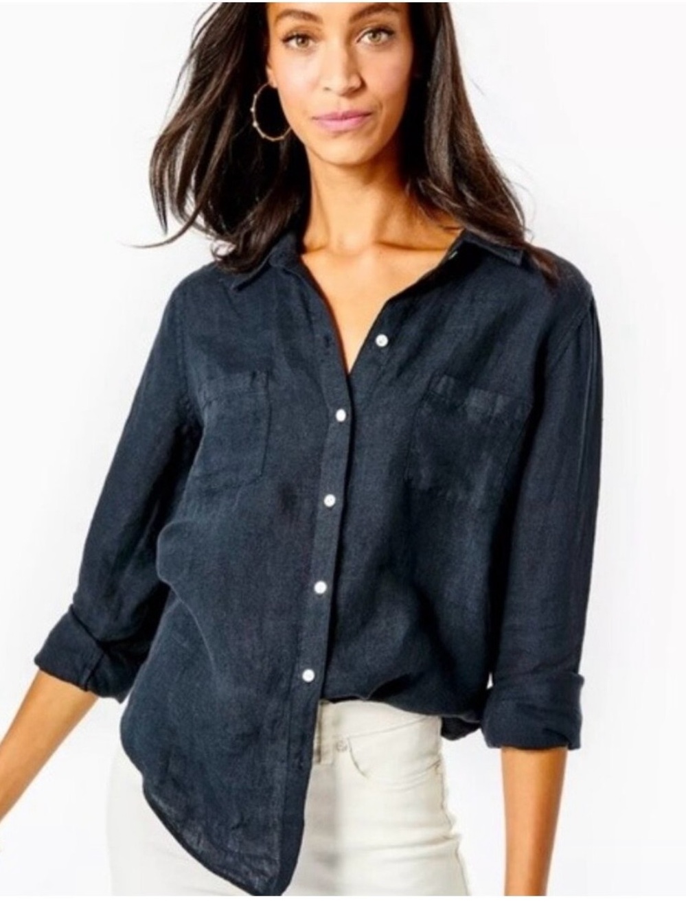 Lilly Pulitzer Sea View Linen button down shirt Onyx Black XS
